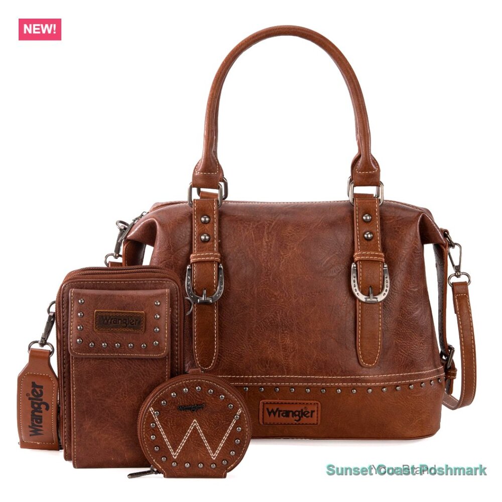 Wrangler Brown Faux Leather Doctor Bag Set with Coin Purse and Cell Phone Bag